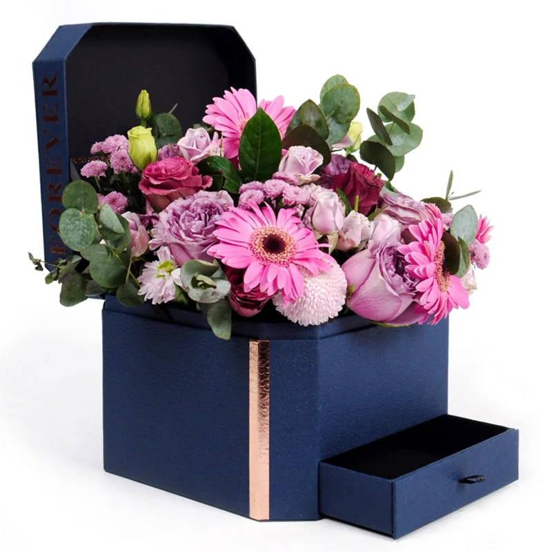 Octagonal Fresh Flower Box With Surprise Drawer Gift