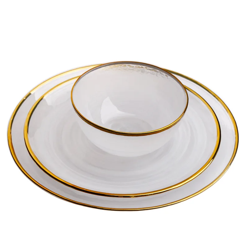Golden Edge Glass Flat Plate Dinnerware Set, Salad Bowl, Dinner Plate, Mist Side Food Tray, Elegant Glass Tableware, Soup Bowl