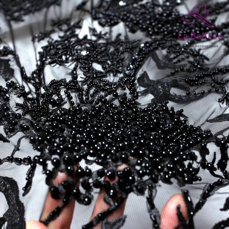

La Belleza new fashion design dirty pink/black/royal heavy handmade beaded lace fabric 1 yard