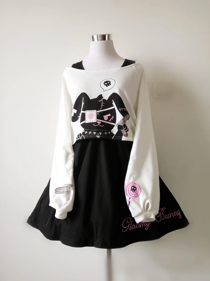 Черное платье с кроликом из комиксов костюм из 2 предметов для девочек-подростков милое Хлопковое платье короткое платье с длинными рукавами с милым кроликом в японском стиле Лолиты