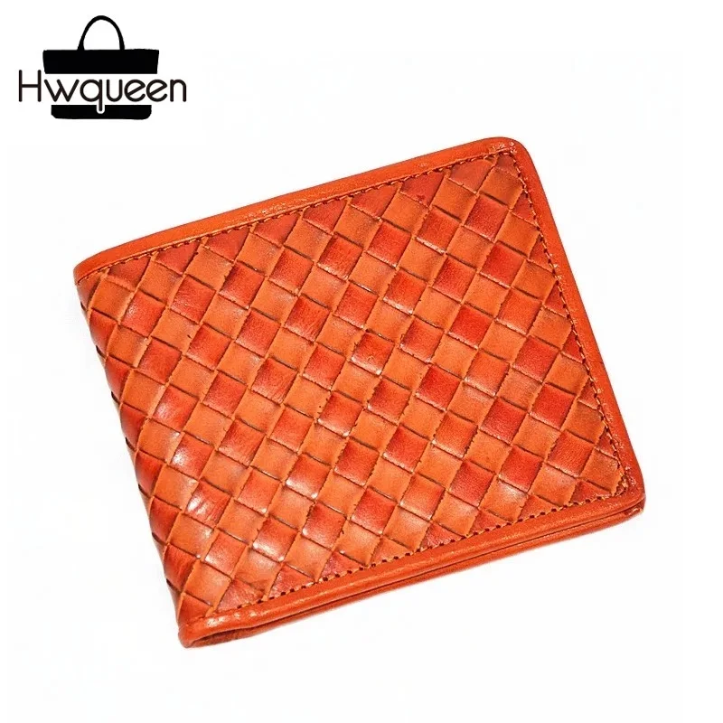 

Environmental Genuine Tanned Leather Knitting Style Men's Short Woven Clutch Wallet Photo Holder Real Cow Skin Male Card Purse