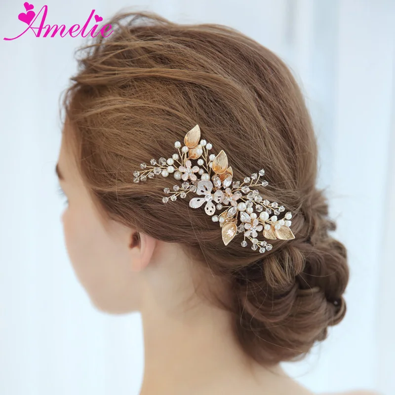 

Wedding Hair Accessories Gold Floral and Pearl Comb Bridal Jewelry Crystal Anniversary Women Headwear Bride Hair Side Comb
