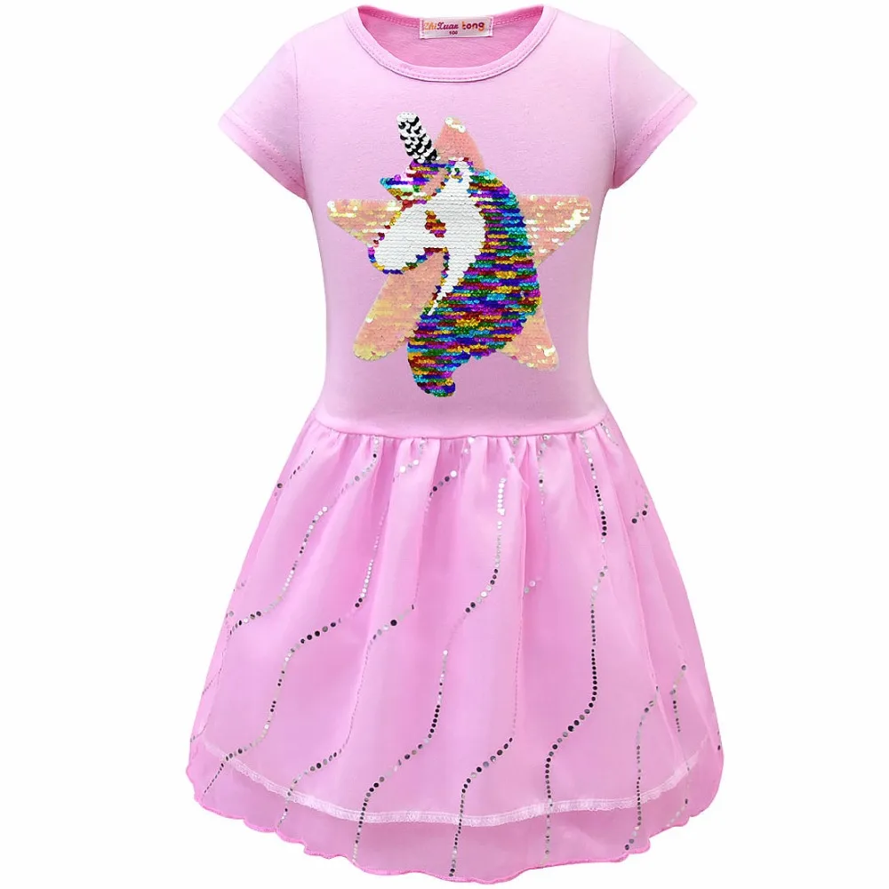 Платье с блестками, звездами и единорогом; детское кружевное платье-пачка для девочек; Двусторонняя одежда для маленьких принцесс