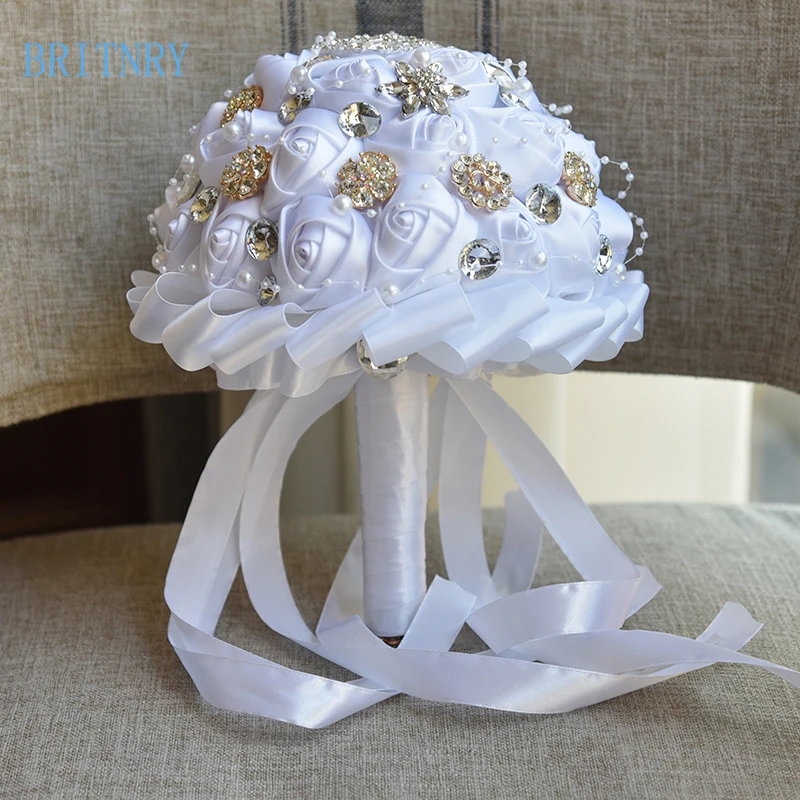 BRITNRY брошь высокого качества букет ручной работы атласный с цветами букет Белый Серебряный дешевый свадебный букет для невест