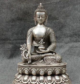 

wholesale factory 14" Tibet Silver Buddhist Auspicious Dragon Medicine Buddha Shakyamuni Statue AE1024