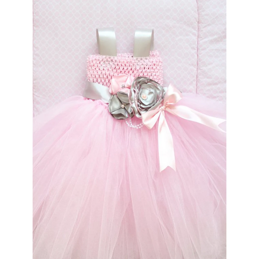 Нарядное розовое, Серебряное платье-пачка с цветочным узором для девочек золотистые ленты, детская одежда на свадьбу и день рождения для подростков зимняя одежда для детей от 1 до 14 лет