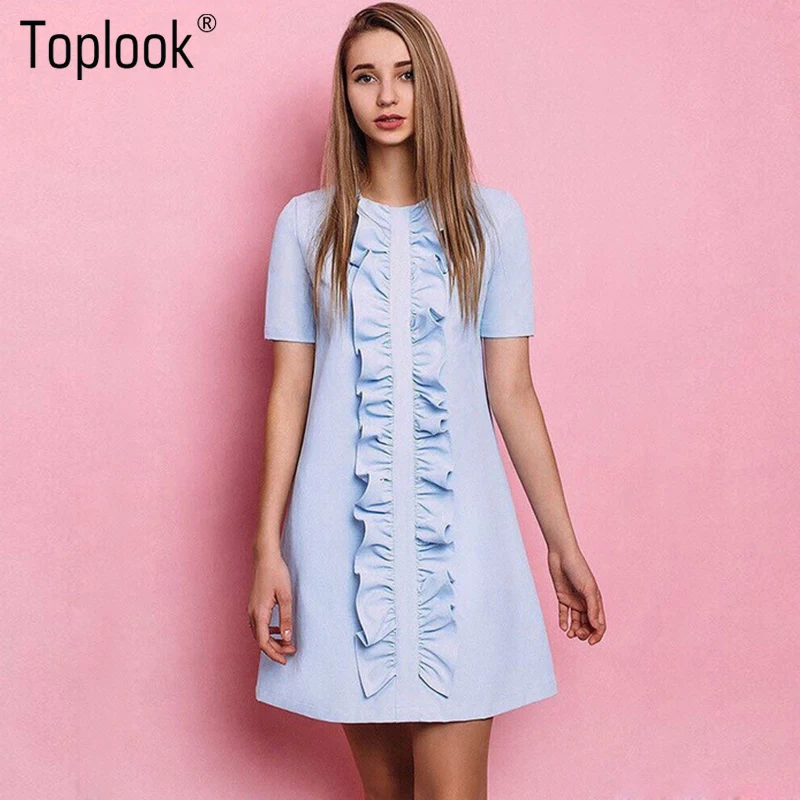 Buy Cheap Toplook Ruffle Elegant Blue Summer Dress Short Sleeve Robe Party Dresses Femme Sexy Spring Runway 2017 O-Neck Mini Dress Vestido