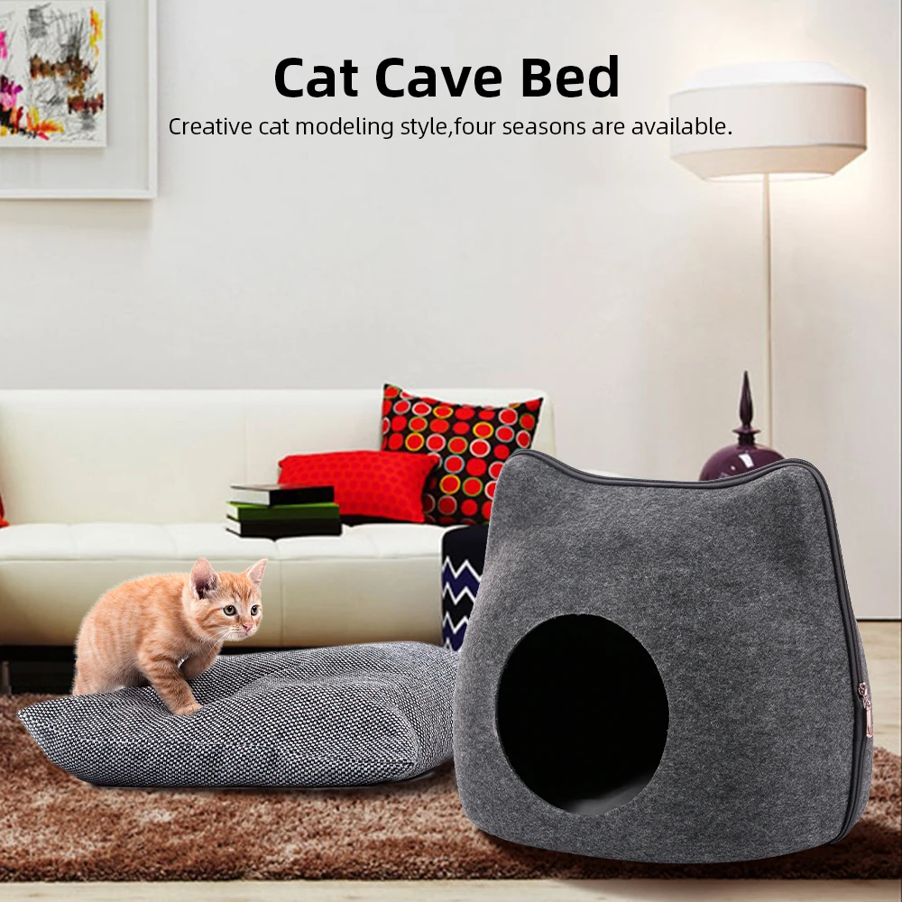 

Cat Bed For Cats Kittens Pets Zipper Design Cat Pet Cave Nest Natural Felt Pet Sleeping Cat'S House With Cushion