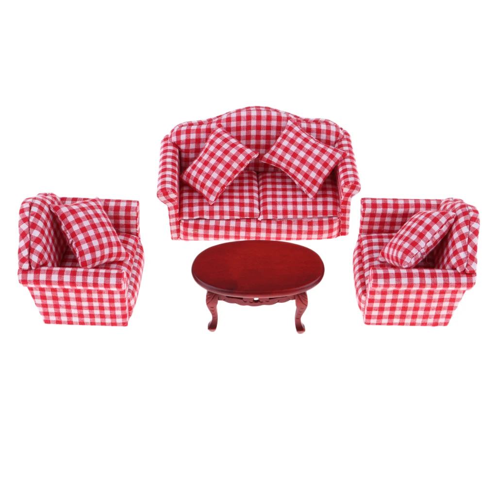 1/12 Dollhouse Miniature Living Room Furniture Decor Red Plaid Sofa Couch & Oval Tea Table Set Kids Pretend Play Toy