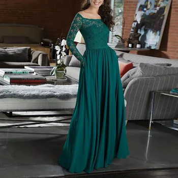 

Sexy Boat Neck Green Lace A line Bridesmamid Dresses Long Sleeves Prom Dress robe demoiselle d'honneur