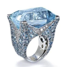 Кольца с голубым большим камнем и серебряными кристаллами для женщин и девочек, подарок на помолвку, день рождения, ювелирные изделия, роскошное кольцо