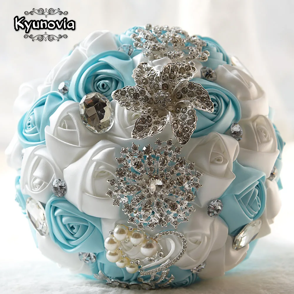 

Kyunovia Custom Bridal Wedding Bouquet with Pearl Brooch and Satin Roses elegant Wedding Accessories Colorful Bride Bouquet FE41