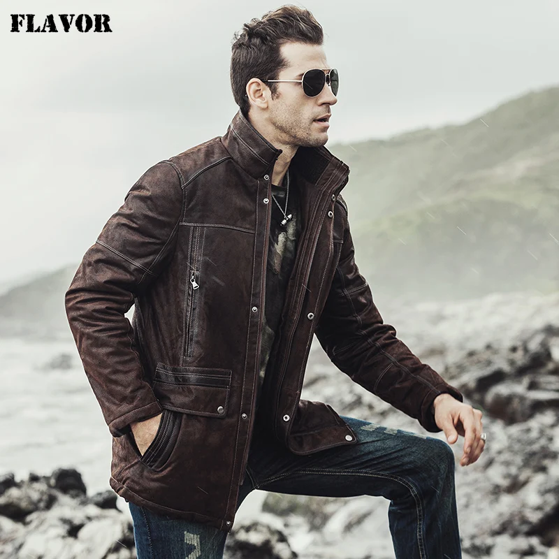 Kожаная куртка мужская FLAVOR, коричневая куртка из натуральной свиной кожи, теплое мужское пальто на хлопковой подкладке, новинка для зимы