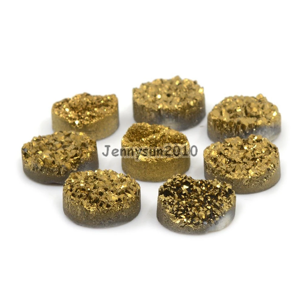 

12mm Metallic Gold (No Hole) Druzy Quartz Ag-ate Flat Back Connector Round Cabochon Beads Jewelry 10 Pcs /Pack