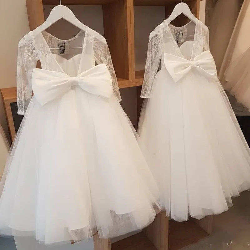 Платье с цветочным узором для девочек на свадьбу, платье с длинными рукавами и v-образным вырезом на спине, фатиновые платья для первого
