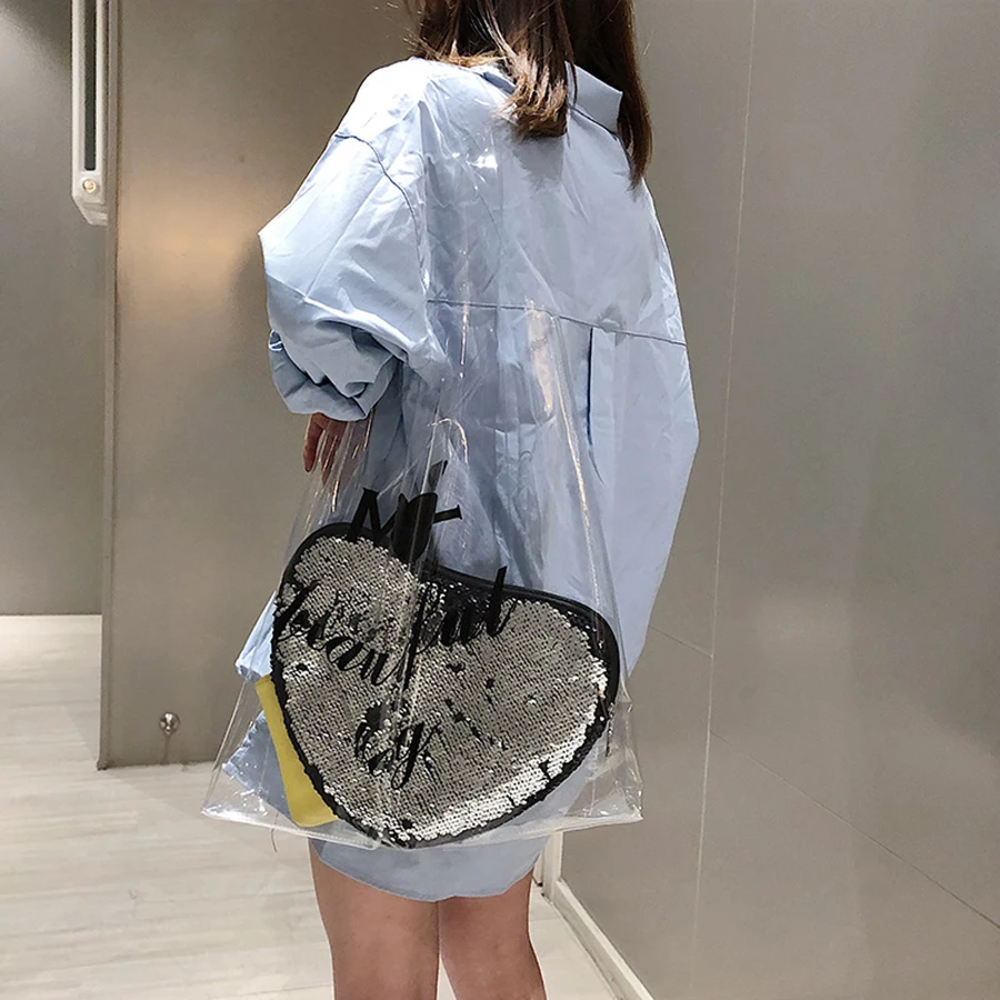 

Transparent Jelly Letter Women's Shoulder Bags Heart-shaped Sequins Women Handbags Woman Clear Pvc Summer Beach Hand Bags Ladies
