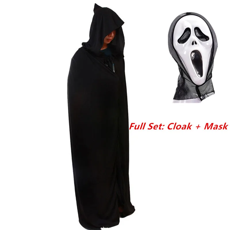 

Unisex Adult Black Halloween Ghost Costume Theater Prop Death Hoodie Cloak Devil Long Tippet Cape with Hat Death Mask