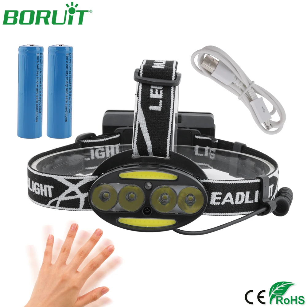 

BORUiT 4T6 COB LED Headlamp Flashlight USB Rechargeable Sensor Headlight Waterproof Portable Camping Hunting Head Torch 18650
