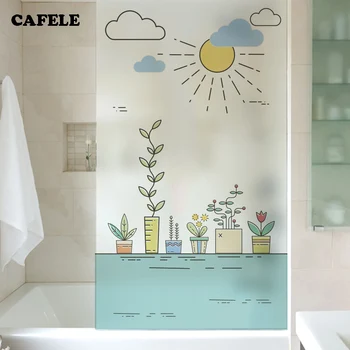 

Static No Glue Privacy Glass Window Film Stained Nature Style Custom made Overlarge For Sliding Door Bathroom Plant Cactus Pot
