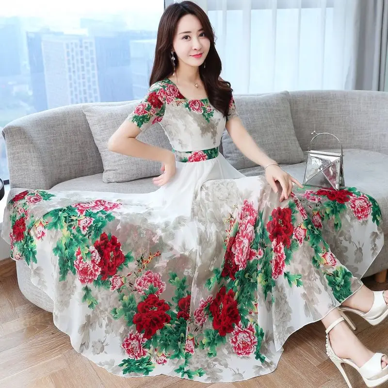

2019 Summer New Arrival Round Collar Graceful Flower Printed Short Sleeve High Quality Woman Chiffon Long Beach Dress S-3XL