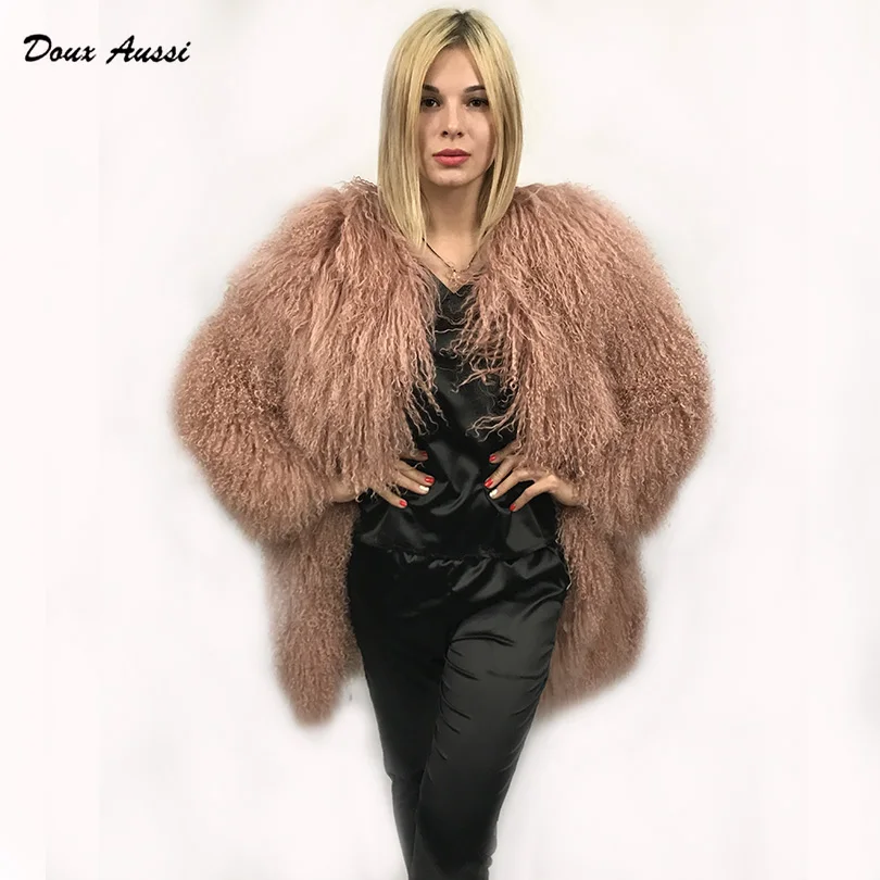 

DOUX AUSSI Women Winter Coat Wool Natural Mongolian Sheep Fur Jacket Brand Girl Wool Coat Real Mongolia Lamb Skin Overcoat Women