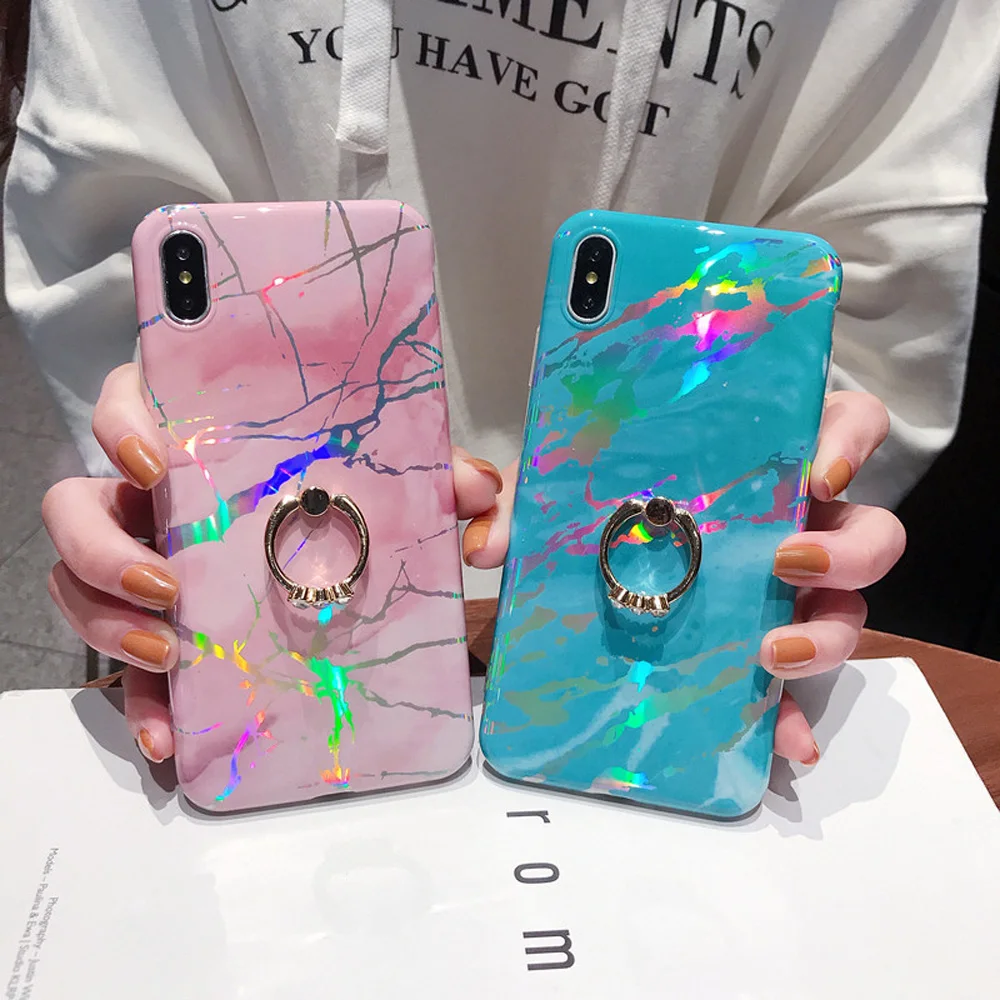 

Heyytle Laser Marble Case For iPhone 7 8 Plus 6 6s Ring Holder Cases For iPhone X XS MAX XR Soft TPU Cover Colorful Stand Coque