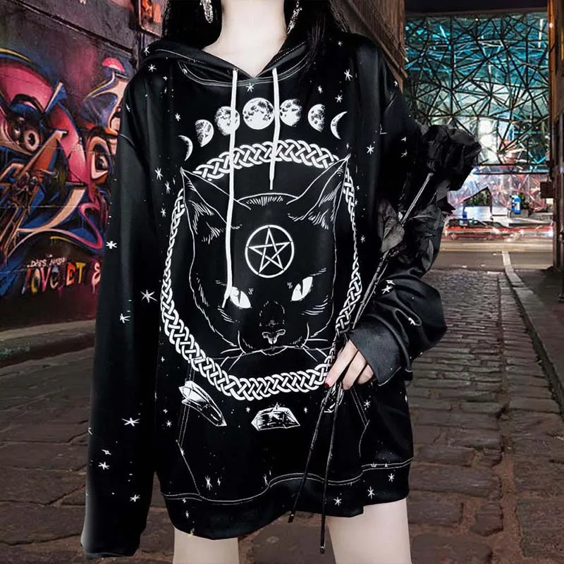  InsGoth Women Hoodie Gothic Hip Hop Cat Printed Loose Black Hooded Oversize Female Sweatshirt Pullo