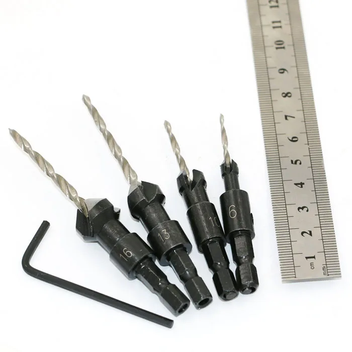 4PCS HSS Countersink Drill Bit Set Woodworking Hex Shank 6 10 13 16