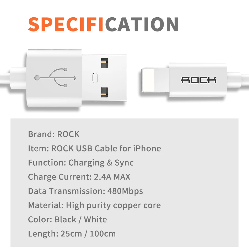 ROCK 3 pcs/lot 2m USB Cable For iPhone X 8 7 6 6S Plus 5 5s SE Fast Data Sync Charging Charger Cables for Lighting Cable cord