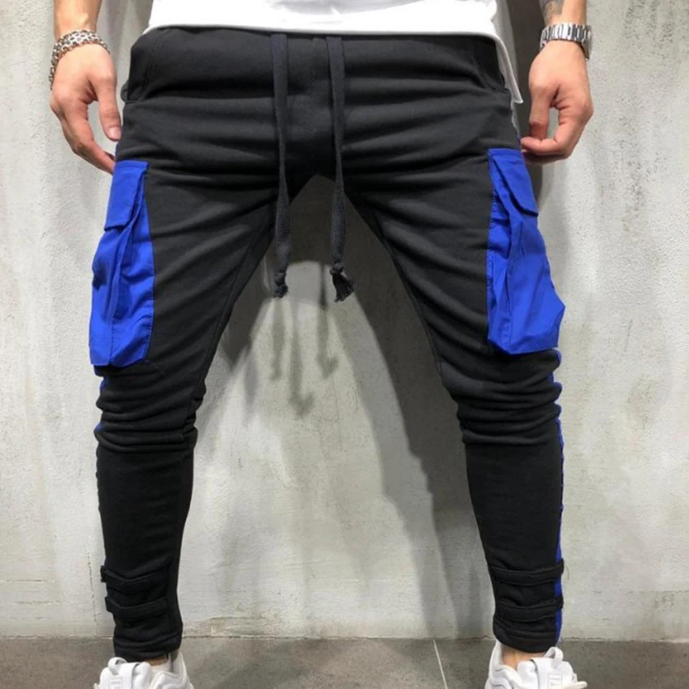 Модные Для мужчин Jogger Цвет блок большие карманы шнурок Штаны длинные брюки пот Штаны