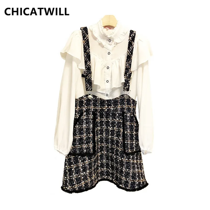 

Free Shipping Autumn New 2019 Women White Shirt Top Blouse and Straps Tweed Plaid Mini Skirts Casual OL Woman's 2pcs Set