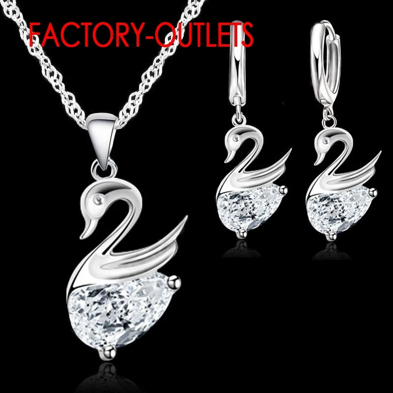 

925 Sterling Silver Fashion Jewelry Pendant Necklaces Earrings Set CZ Crystal Swan Design Female Club Party Customized Wholesale