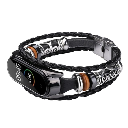 OLLIVAN, 3 слоя, черный, серебристый, в стиле панк, браслет из натуральной кожи для Xiaomi Mi, браслет, 4 стальных ремешка, мужские нейлоновые ювелирные изделия, застежка - Цвет: Black