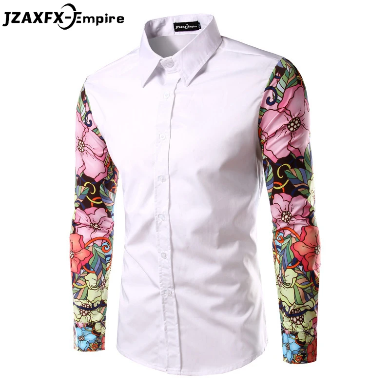 Men Print Shirt Fashion Pattern Design Long Flowers Sleeves Slim Fit ...