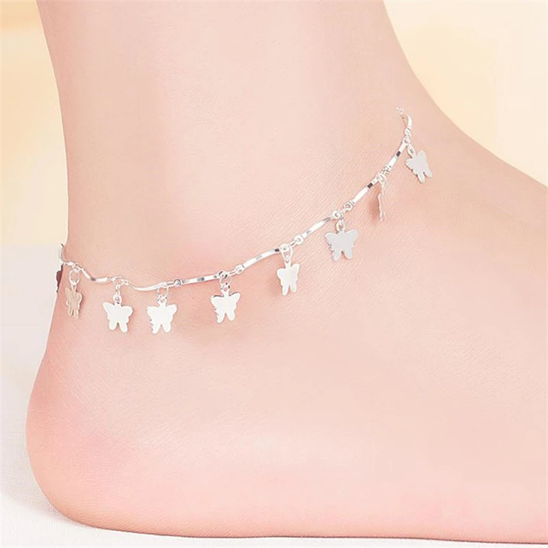 

KOFSAC New Fashion 925 Sterling Silver Chain Anklets For Women Party Cute Butterfly Ankle Bracelet Foot Jewelry Girl Best Gifts