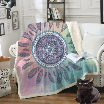 

Bohemian Style Soft Velvet Plush Warm Throw Blanket Sherpa Turtle Feather Printed Fleece Travel TV Blankets on Sofa Kids Bedding