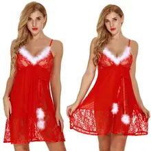 Для женщин Sexy кружева выдалбливают белье Глубокий v-образный вырез спинки Ночное платье Рождественская Пижама Спагетти ремень