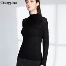 Changpleat Осень Перспектива Для женщин футболка s Топ Miyak плиссированные черный тонкий большой упругой Водолазка женская футболка прилив
