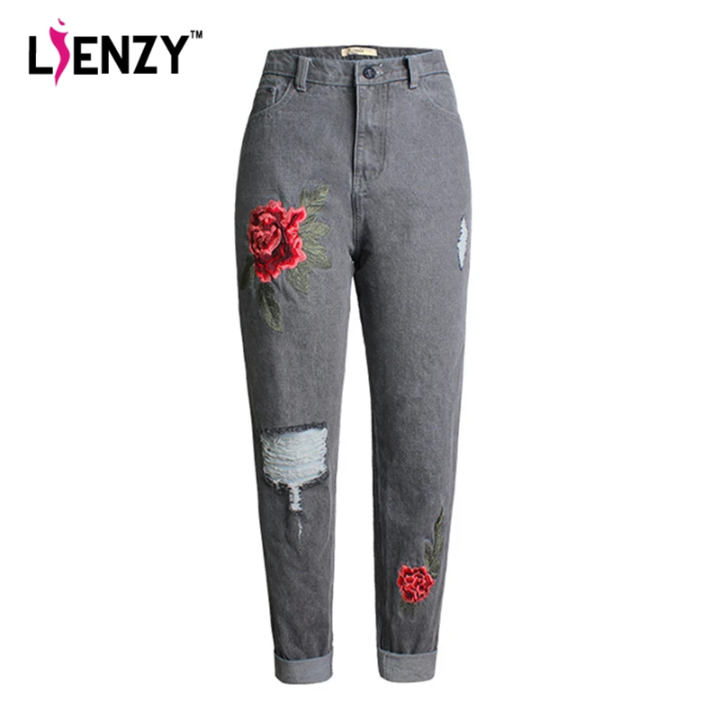 Vintage Flower Embroidery Women Casual Elastic Waist Jeans