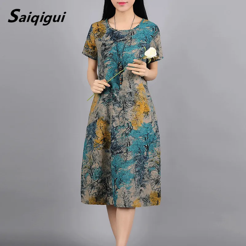 Saiqigui spring summer 2017 Fashion Short sleeve women dress casual Print cotton and Linen dress o