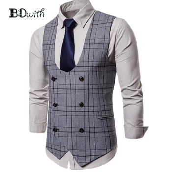 

Grey Men Vest Men's Sleeveless Slim Fit Suit Vest Double Breasted Six Buttons Business Dating Wedding Dress Waistcoat