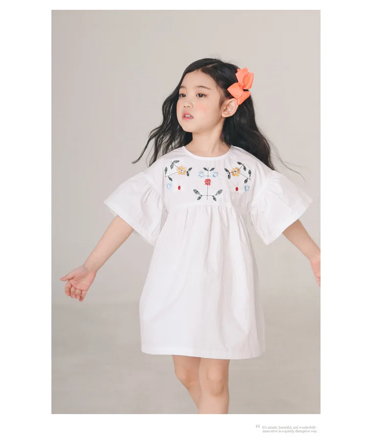 cotton embroidery girls summer dress flare sleeves princess summer girl dresses solid white blue kids clothing  4 5 6 7 8 9 10 11 12 13 14  years old little big teenage girls summer dress cotton  (7)