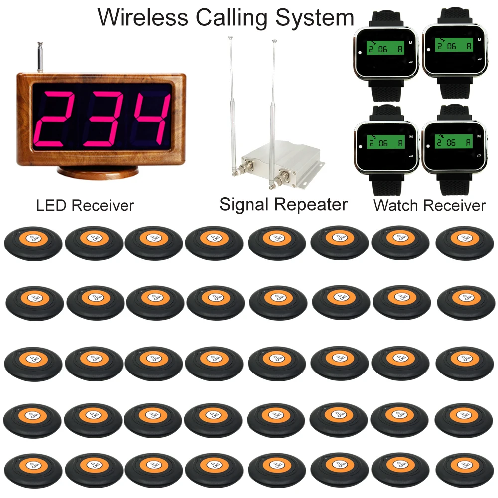 

JINGLE BELLS 40 call button+4 watch pager+1 LED screen receiver+1 signal repeater waiter restaurant calling system queue pager