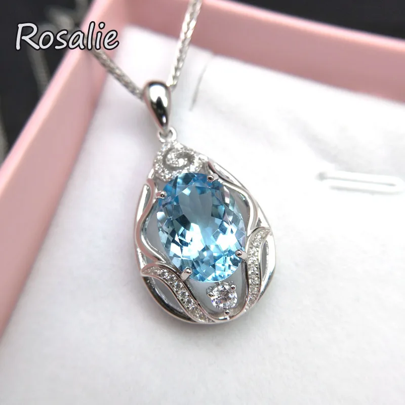 

Rosalie,natural Big oval 10*14mm 7.5ct shinning sky blue topaz gemstone pendant necklace 925 sterling silver fine jewelry women
