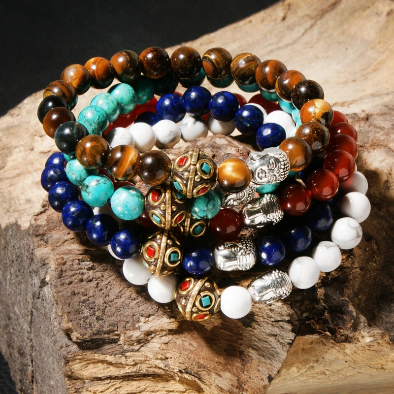

MOON GIRL 8MM Natural Stone Buddha Stretchy Men Bracelet Yoga Nepal Ethnic Tiger Eye Beaded Bracelets for Women Jewelry Dropship
