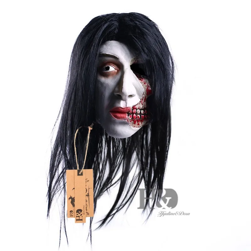 Latex Scary Long Black Hair Disfigured Full Mask Cosplay Ghost Adult Party Mask Halloween Props Masquerade Fancy Dress Costume  (7)