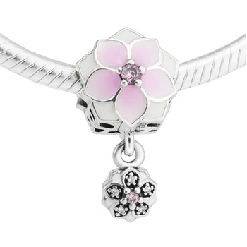 

Fits for Pandora Charms Bracelets 100% 925 Sterling-Silver-Jewelry Magnolia Bloom Beads with Pale Cerise Enamel Free Shipping