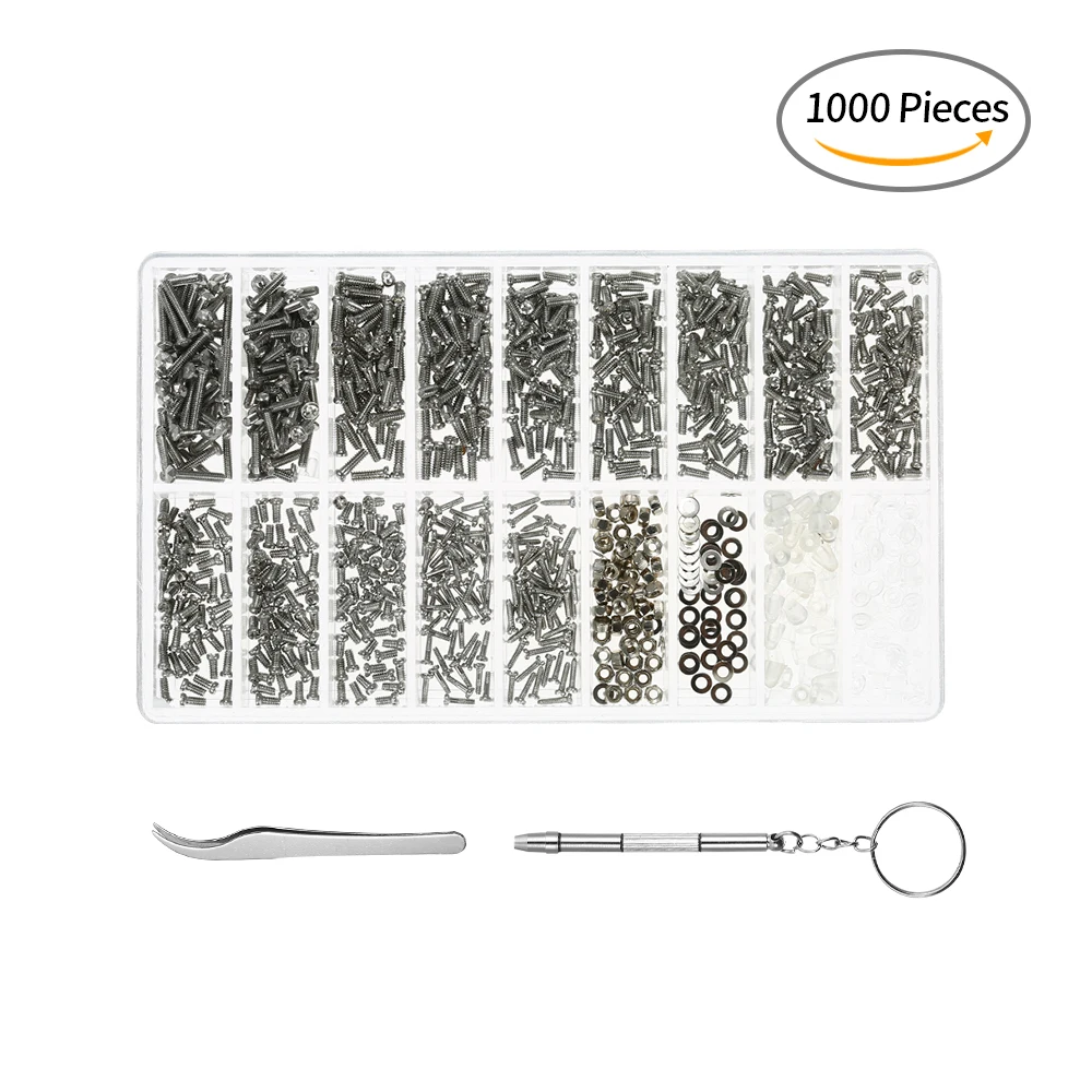 

1000pcs Eyeglass Sunglasses Repair Kit with Tweezers Screwdriver Tiny Micro Screws Nuts Assortment Screws for Spectacles Watch