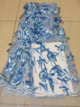 

2018 african lace fabric blue wedding high quality african tulle lace fabric 5yards gold Sequins embroidered tulle lace fabric