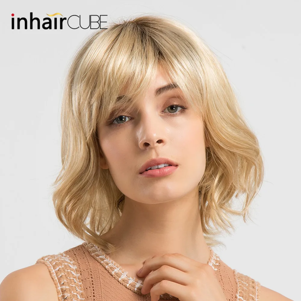 

INHAIR CUBE 10" Women Synthetic Wigs with Bangs Charming Loose Wave Dark Roots Ombre Wig Blonde Hair Free Shipping Capless